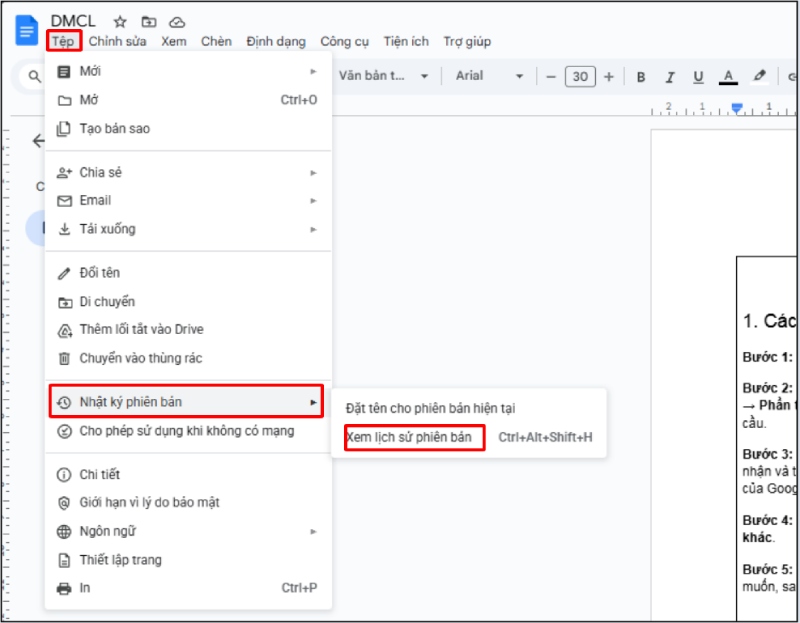 Xem lịch sử phiên bản để mở danh sách các phiên bản đã lưu