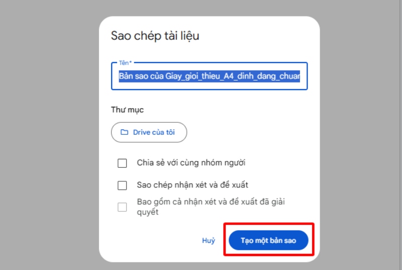Kiểm tra lại thông tin và nhấn Tạo một bản sao