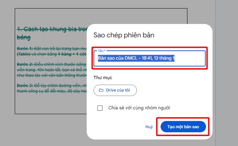 Nhập thông tin lưu và Tạo một bản sao