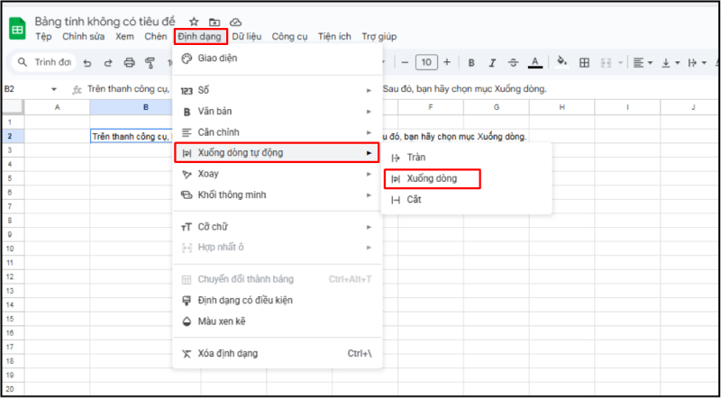 Vào menu Định dạng và chọn Xuống dòng trong Google Sheets