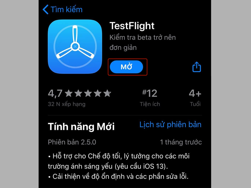 Cài đặt và khởi chạy ứng dụng TestFlight trên điện thoại iPhone