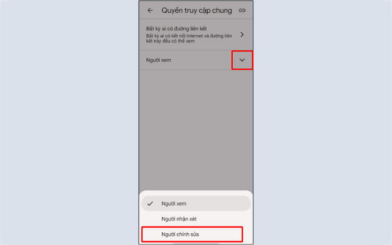 Bật tùy chọn Bất kỳ ai có đường liên kết trong quyền truy cập chung