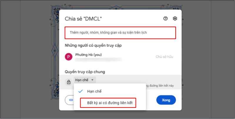 Thiết lập quyền truy cập chung là Bất kỳ ai có đường liên kết