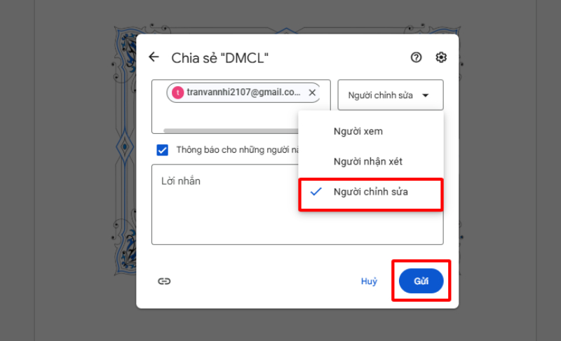 Chọn Người chỉnh sửa và nhấn Gửi để hoàn tất chia sẻ