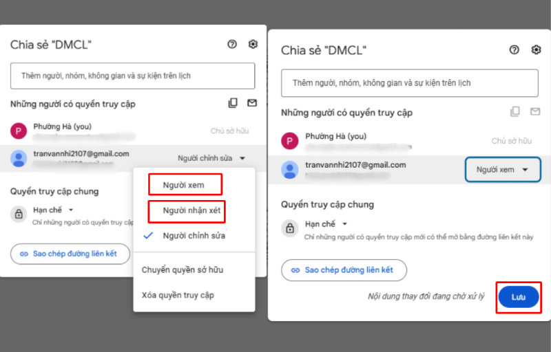 Đổi quyền chỉnh sửa thành quyền xem hoặc quyền nhận xét và lưu