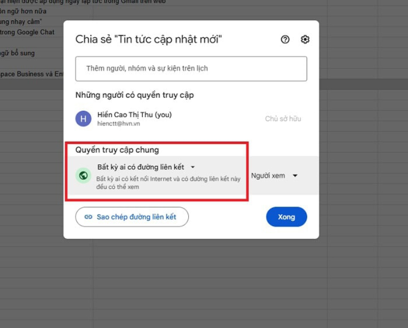Chuyển từ chế độ hạn chế sang chế độ bất kỳ ai có đường liên kết trên Google Sheets