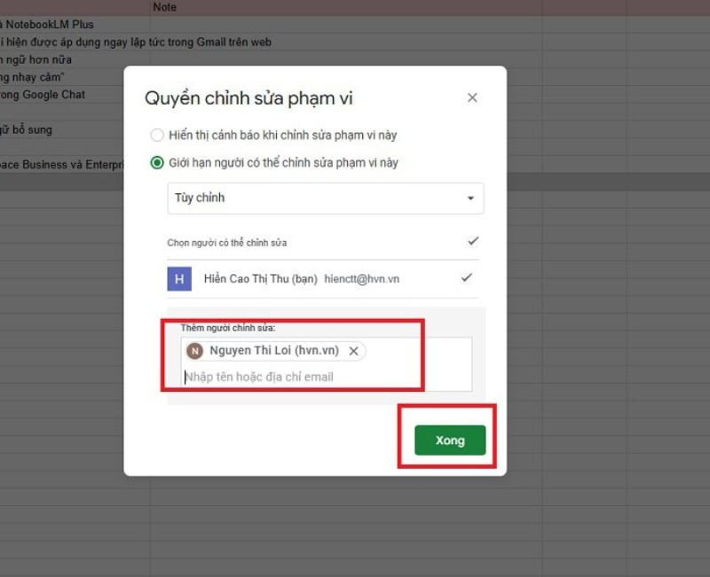 Giao diện thiết lập quyền chỉnh sửa cho người dùng