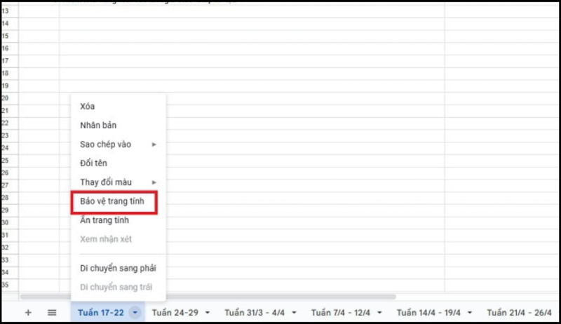 Tùy chọn bảo vệ trang tính trong Google Sheets
