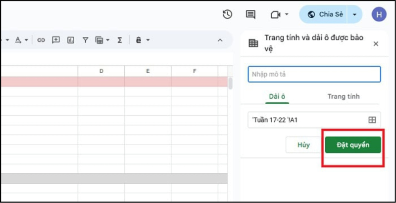 Thiết lập phạm vi bảo vệ cho 1 trang tính