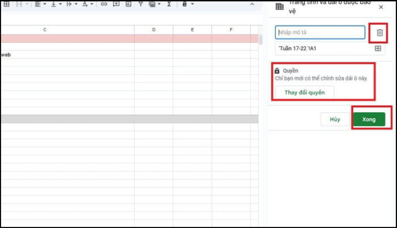 Thao tác xóa bảo vệ trang tính