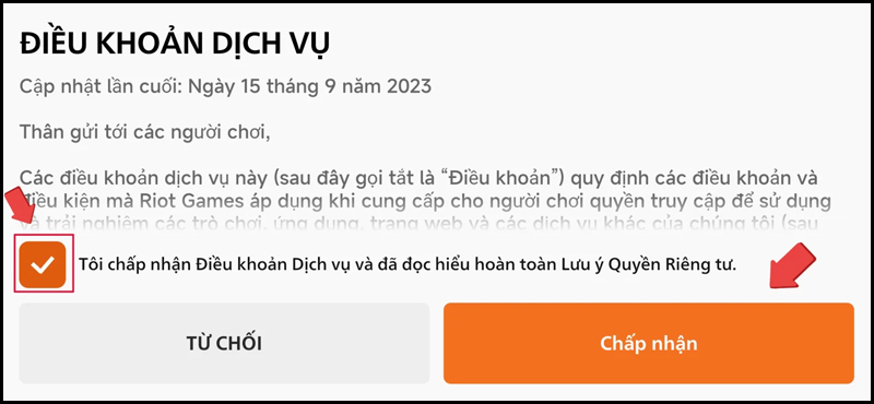 Chấp nhận điều khoản dịch vụ và nhấn Tiếp tục