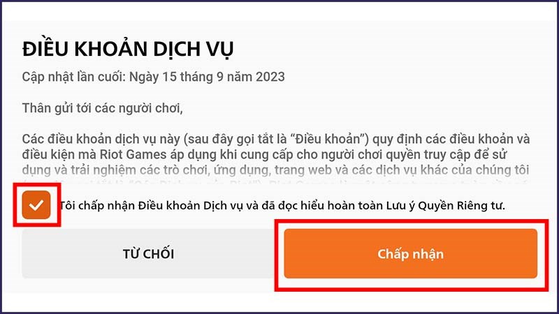 Chấp nhận điều khoản và dịch vụ của game Đấu Trường Chân Lý Mobile