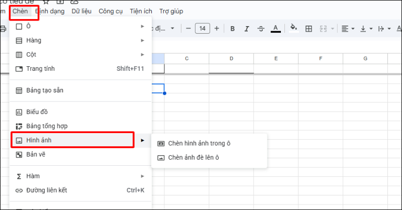 Menu chèn hình ảnh trong ô
