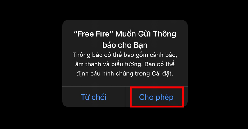 Chọn Cho phép để Free Fire có thể gửi thông báo về trò chơi