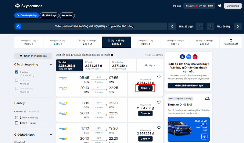 Chọn chuyến bay bạn muốn di chuyển