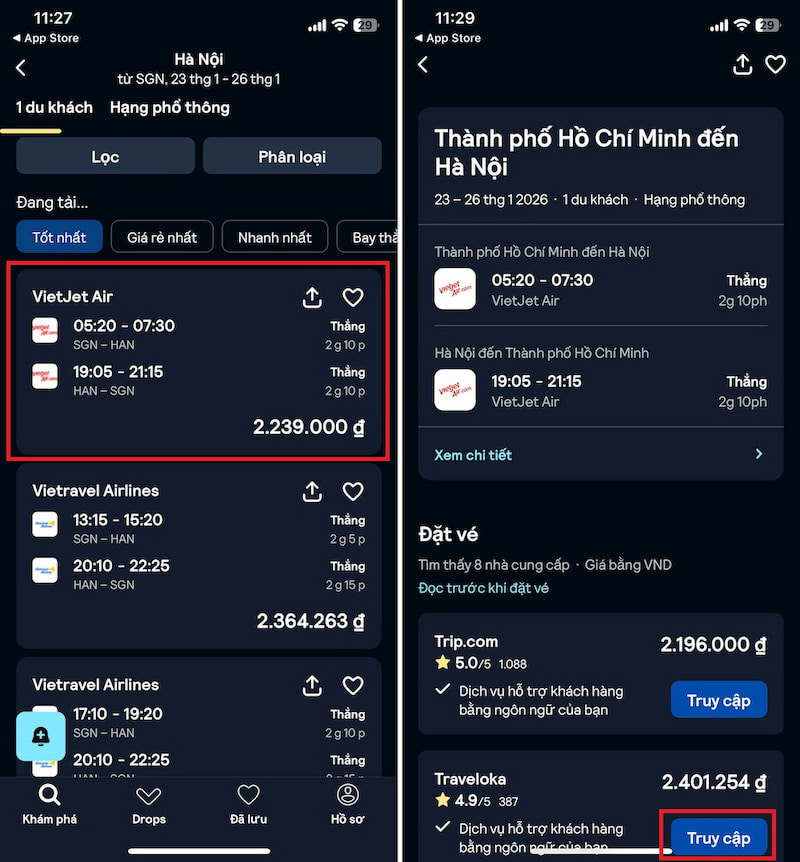 Chọn chuyến bay muốn di chuyển