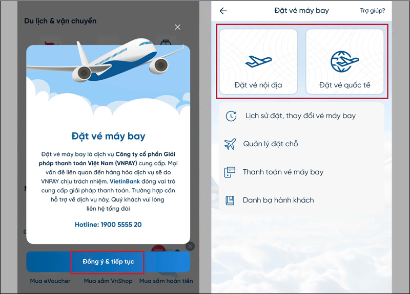 Nhấn vào mục Đồng ý & tiếp tục, chọn đặt vé nội địa hoặc quốc tế
