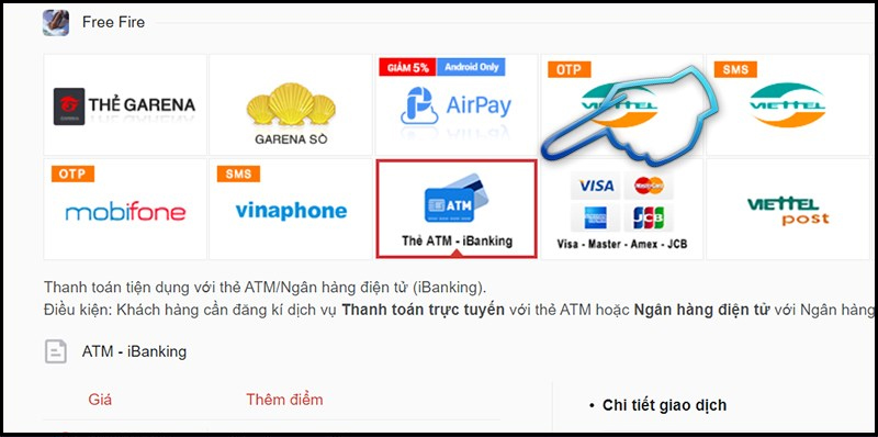 Chọn hình thức thanh toán ATM - iBanking