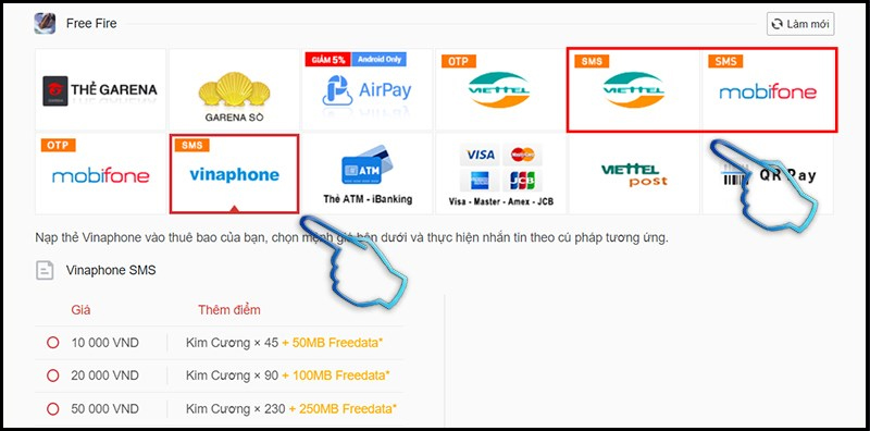 Chọn vào hình thức thanh toán SMS của nhà mạng đang dùng