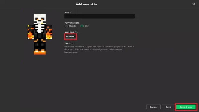 Chọn Save & Use để hoàn tất cài skin Minecraft