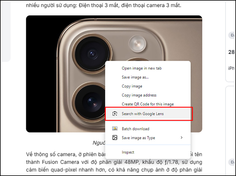 Chọn Search with Google Lens để tìm kiếm nhanh thông tin về hình ảnh