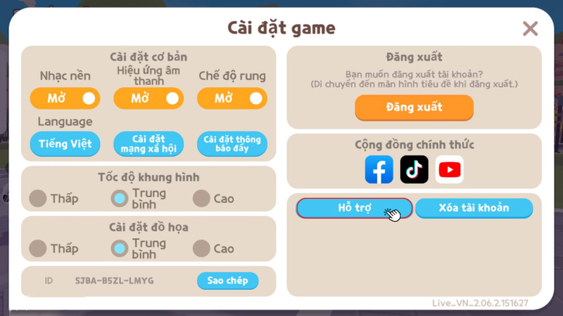 Chọn tiếp vào Hỗ trợ để lấy lại acc lấy lại acc Play Together 