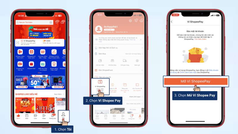 Chọn Tôi, Ví Shopee Pay và nhấn vào mục Mở Ví Shopee Pay