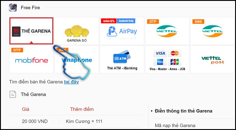 Chọn vào hình thức thanh toán thẻ Garena