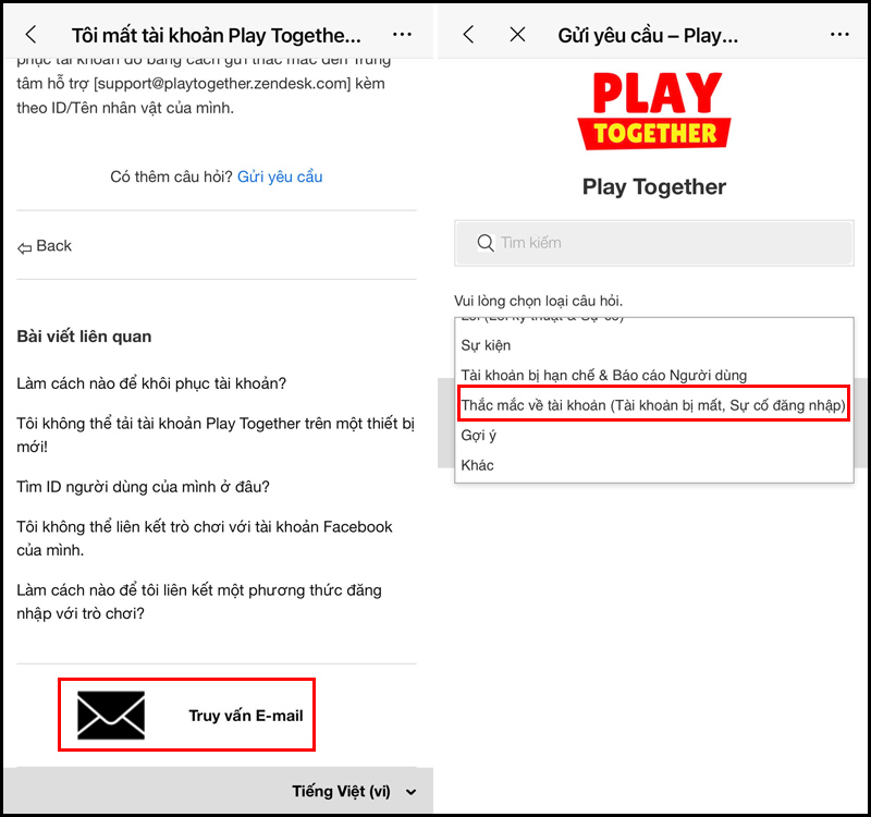 Chọn Truy vấn Email và chọn tiếp vào Thắc mắc về tài khoản
