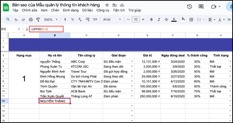 Dùng hàm UPPER để chuyển tên sang chữ in hoa