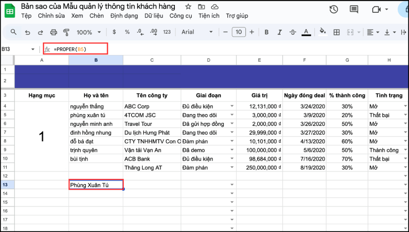 Hàm PROPER để viết hoa chữ cái đầu mỗi từ