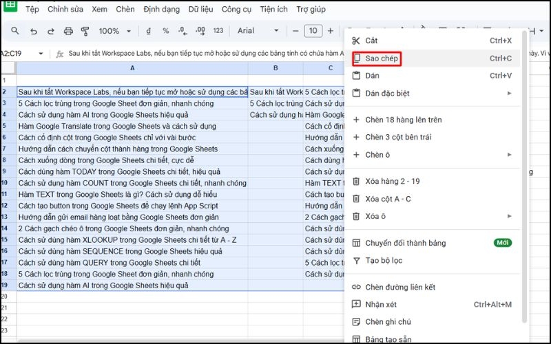 Sao chép dữ liệu trong Google Sheets bằng menu chuột phải