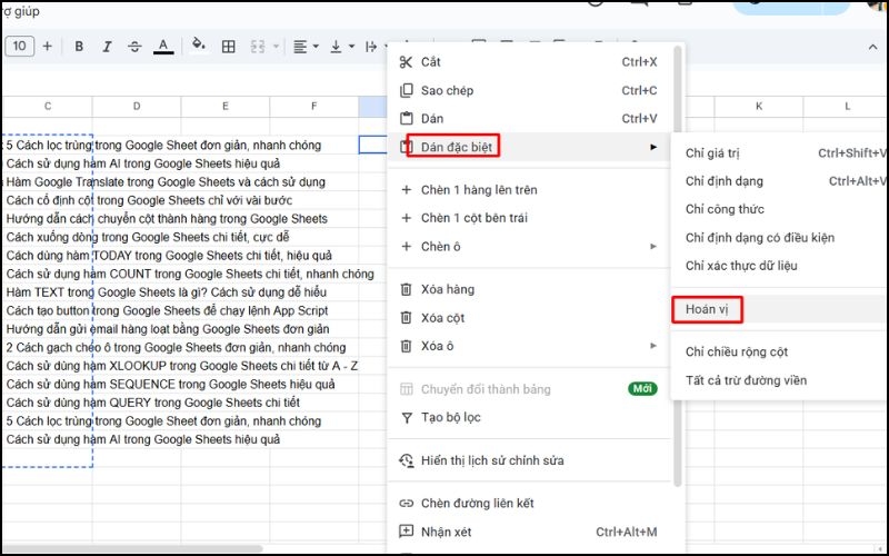 Dán đặc biệt và chọn Hoán vị để chuyển cột thành hàng