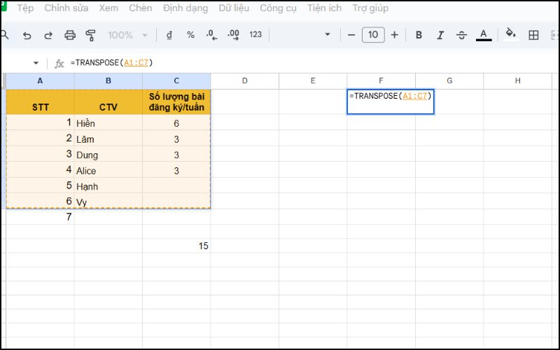 Sử dụng hàm TRANSPOSE để chuyển cột thành hàng