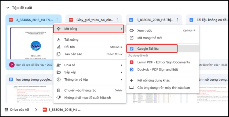 Mở file PDF bằng Google Tài liệu trong thư mục Drive