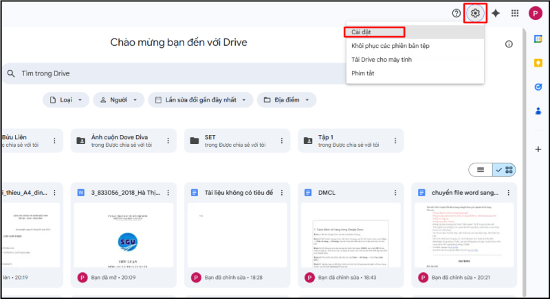 Truy cập cài đặt Google Drive từ biểu tượng bánh răng