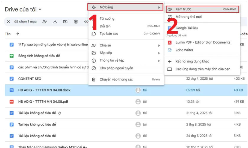 Bấm Xem trước trong tính năng Mở bằng