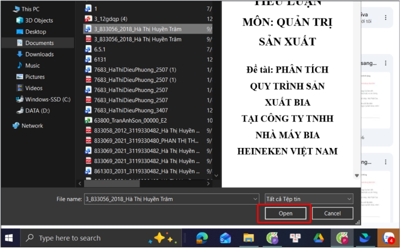 Chọn file Word trên máy tính để tải lên