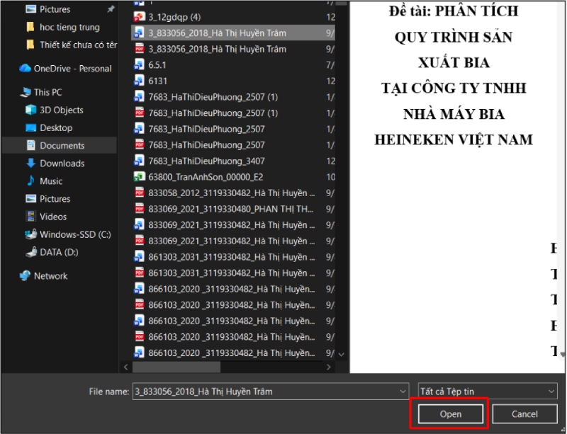 Chọn file Word trong cửa sổ tải lên máy tính