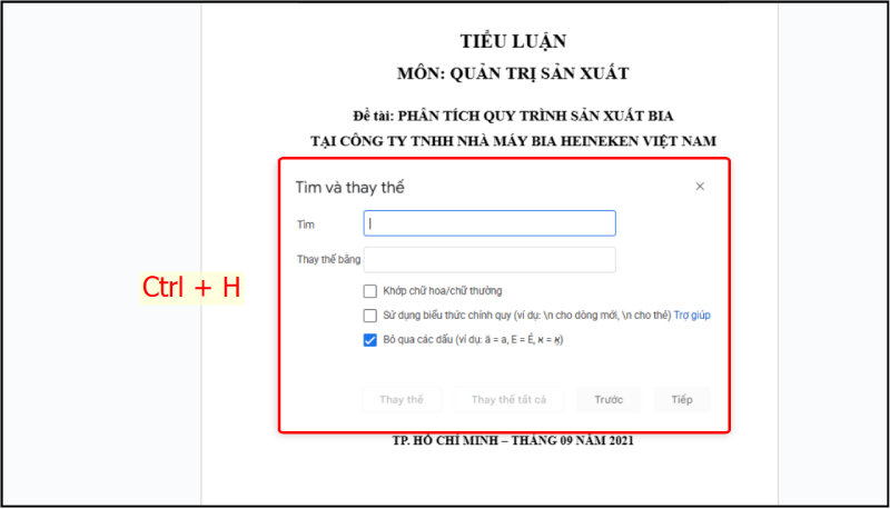 Hộp thoại tìm và thay thế trong Google Docs