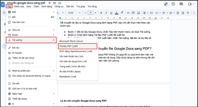 Thao tác vào mục Tệp chọn tải xuống để chuyển file Google docs thành file PDF