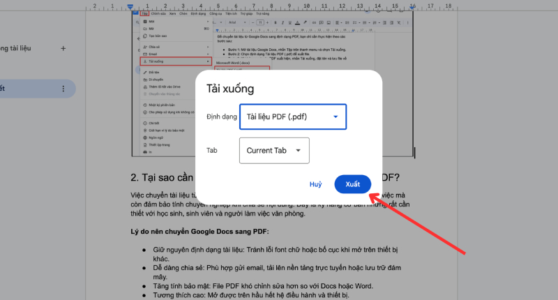 Thao tác xác nhận để xuất file Google Docs thành file PDF