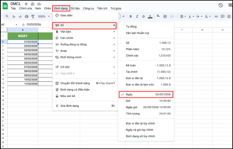 Định dạng cột ngày tháng sang kiểu Ngày trong Google Sheets