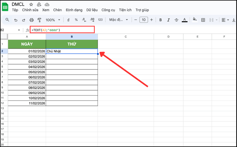 Dùng hàm TEXT để chuyển ngày sang thứ