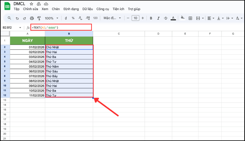 Sao chép công thức TEXT để hiển thị thứ cho toàn bộ danh sách ngày
