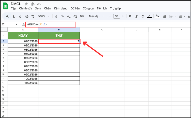 Dùng hàm WEEKDAY để lấy số thứ trong tuần từ ngày