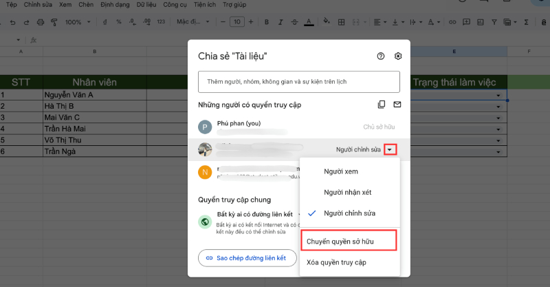 Thao tác chuyển quyền sỡ hữu cho người khác trong Google Sheets