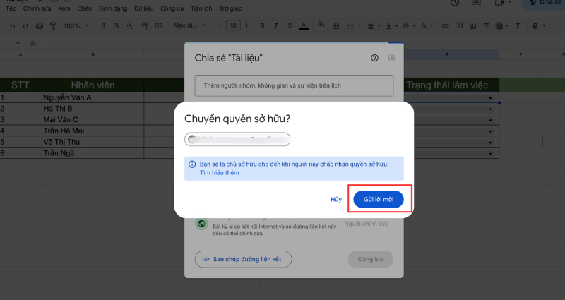 Gửi lời mời sỡ hữu cho người bạn muốn chuyển quyền