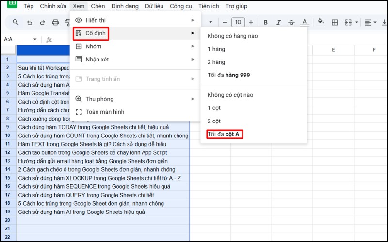 Thao tác cố định cột
