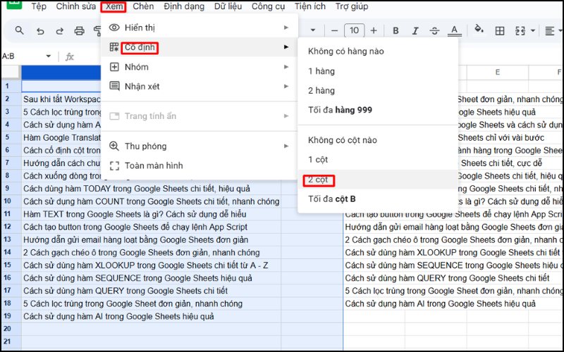 Các bước thao tác cố định nhiều cột